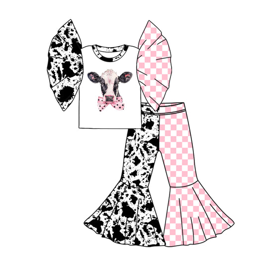 Preorder (moq 5)Baby Girls Cow Bow Checkered Shirt Bell Pants Clothes Sets