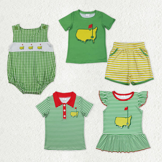 Sibling Baby Boys Girls Green Stripes Golf Shirts Pockets Shorts Clothes Set Sleeveless Romper
