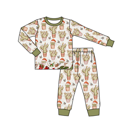 Baby Boys Western Christmas Cactus Green Top Pants Pajamas Clothes Sets preorder(MOQ 5)