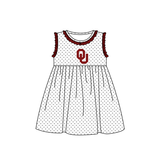 Preorder (moq 5)Baby Girls Sleeveless Red OU Polka Dots Team Knee Length Dresses