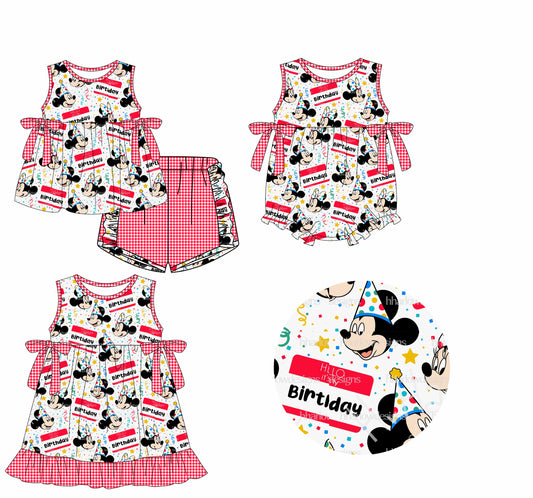 Preorder moq 5 Custom Baby Girls Red Sleeveless Cartoon Mouses Tunic Plaid Ruffle Short Set Knee Length Dress Rompers