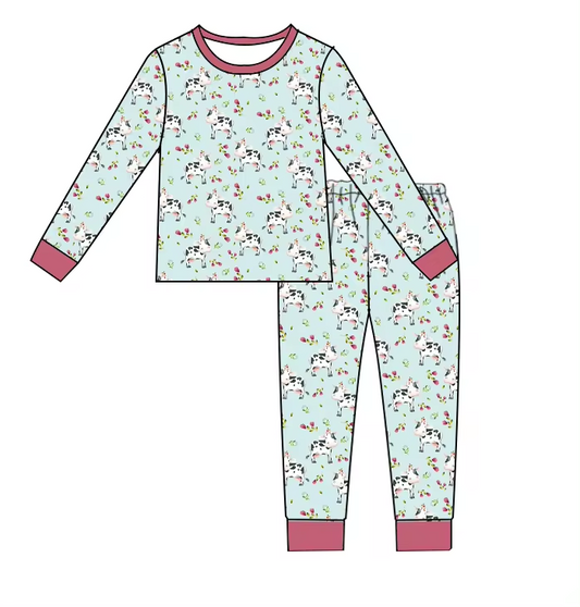 Baby Girls Cow Flowers Long Sleeve Shirt Pants Pajamas Clothes Sets Preorder(moq 5)