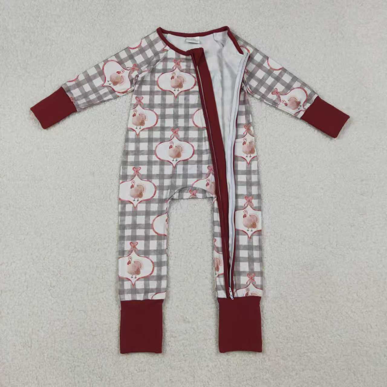 Sibling Baby Girls Turkey Checked Pants Thanksgiving Pajamas Sets Zipper Footie Rompers