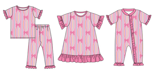 Preorder(moq 5 each) Baby Girls Pink Stripes Bows Romper Dress Pants Sets