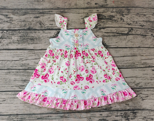 Baby Girls Straps Pink Flowers Ruffle Knee Length Dresses