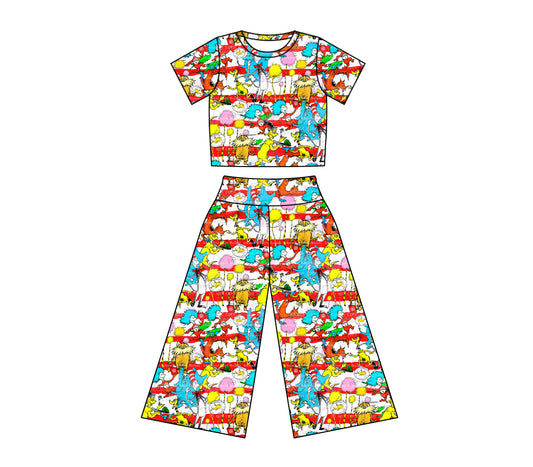 Preorder (moq 5)Baby Girls Dr Reading Red Elephant Top Bell Bottom Pants Clothes Sets