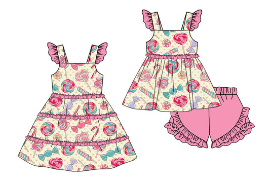 Preorder(moq 5 each) Baby Girls Lolli Candy Hearts Ruffles Summer Dress Shorts Sets