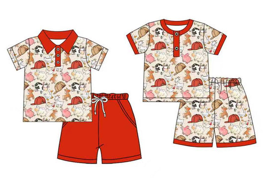 Preorder moq 5 (each item)Baby Boys Farm Cows Pigs Button Top Shorts Pajamas Clothes Sets