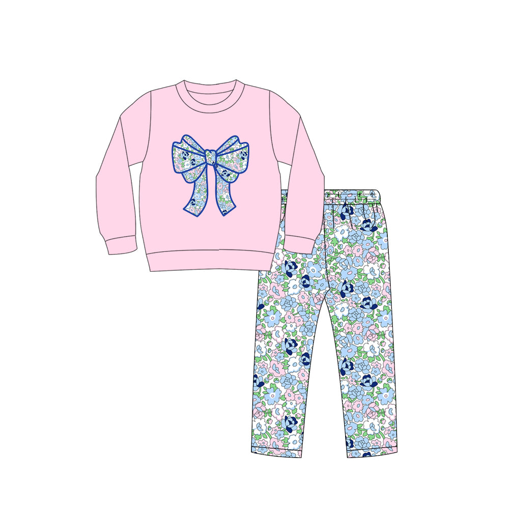 Preorder (moq 5)Baby Girls Pink Bow Top Floral Legging Clothes Sets