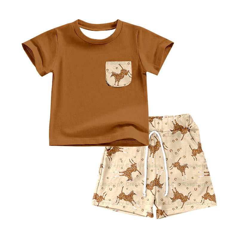 Baby Boys Brown Short Sleeve Shirt Rodeo Horses Shorts Clothes Sets preorder(moq 5)