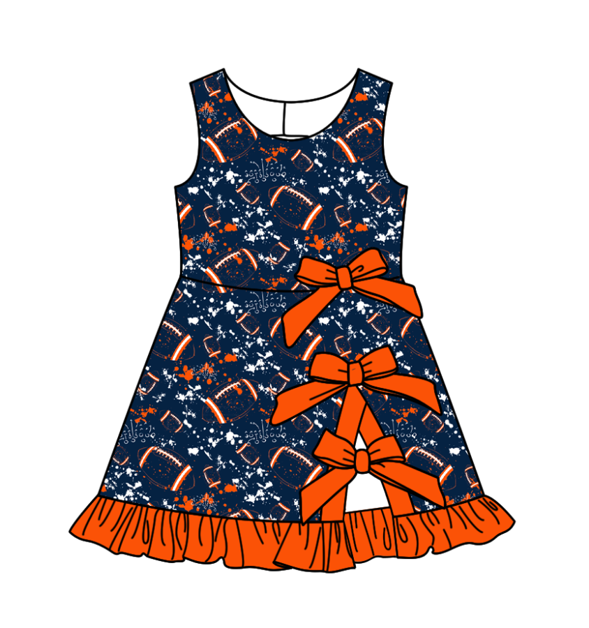 Preorder (moq 5)Baby Girls Tie-dye Footballs Print Team Bows Shorts Knee Length Dress
