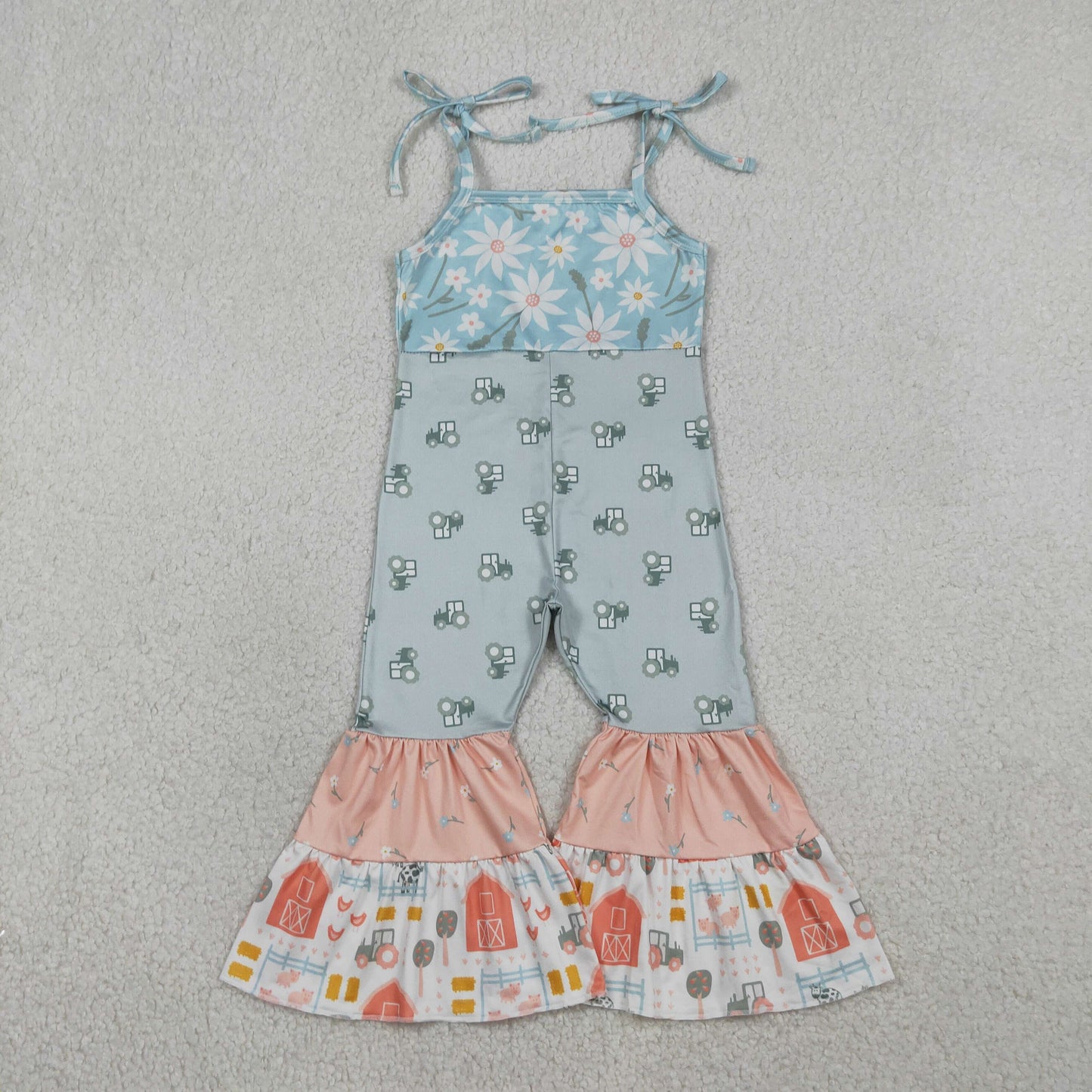Baby Girls Strap Farm Chicks Trucks Patchwork Bell Bottom Jumpsuits