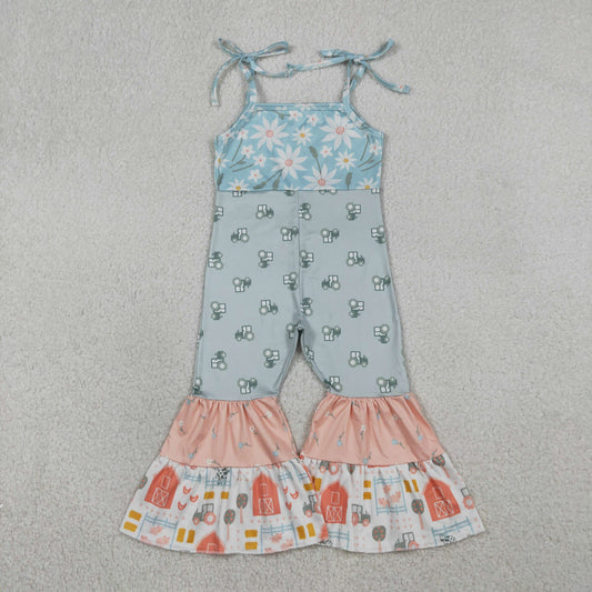 Baby Girls Strap Farm Chicks Trucks Patchwork Bell Bottom Jumpsuits