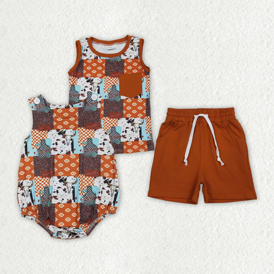 Sibling Baby Boys Sleeveless Aztec Bull Skulls Checked Pockets Shorts Western Set Rompers