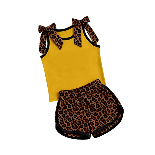 Preorder (moq 5)Baby Girls Yellow Bows Shirts Leopard Shorts Clothes Sets