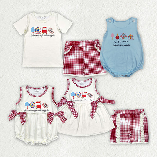 Sibling Baby Kids Ice Cream Store Top Red Plaid Pockets Shorts Sets Rompers