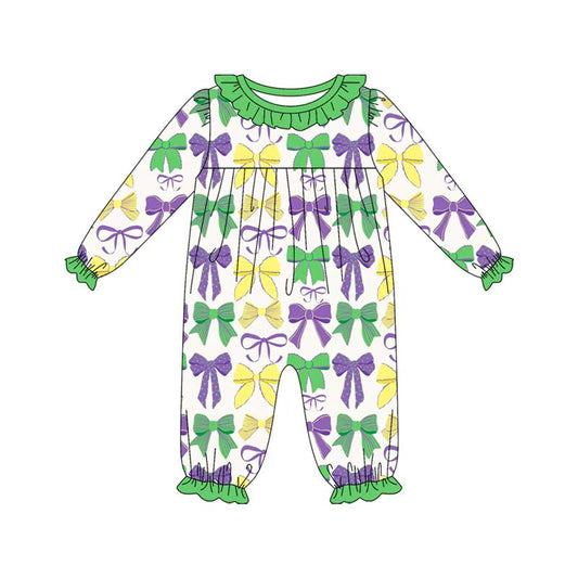 Preorder(moq 8)Baby Girls Mardigras Colorful Bows Ruffle Collar Footie Rompers