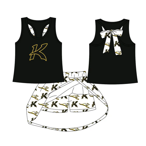 Preorder (moq 5)Baby Girls Black K vest team Top Skirt Skort Sets