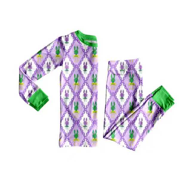 Preorder (moq 20)Baby Girls Bamboo Mardi Gras Crayfishes Checked Pajamas Sets