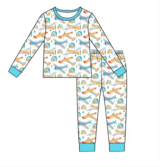 Baby Boys Rainbow plane Long Sleeve Shirt Pants Pajamas Clothes Sets Preorder(moq 5)