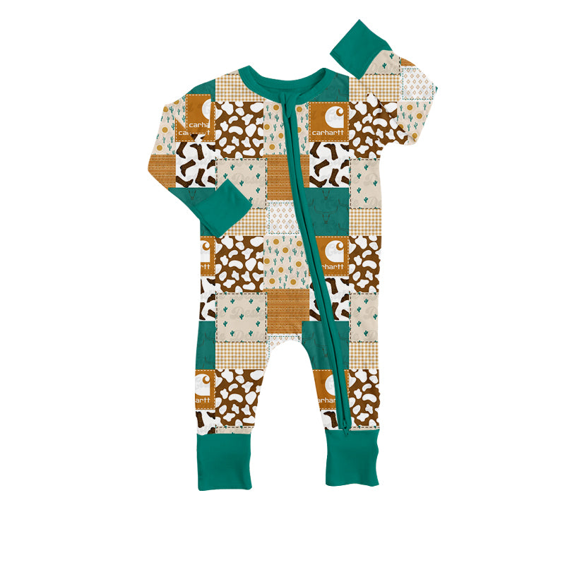 Baby Infant Boys Green Western Patchwork Long Sleeve Zip Rompers preorder(moq 5)