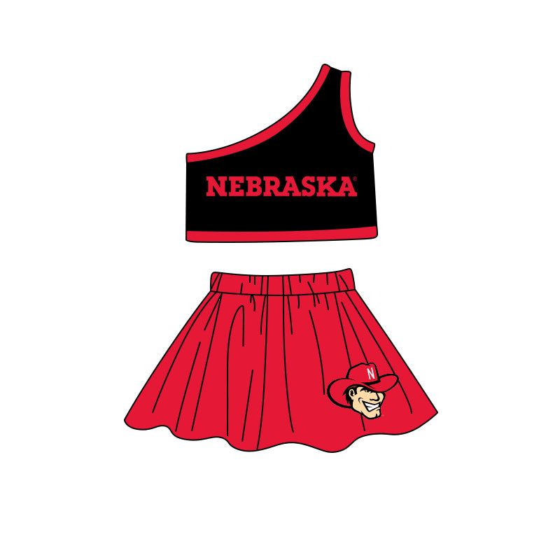 Baby Girls One Shoulder Nebraska Cheer Team Top Skirt Clothes Sets preorder(MOQ 5)