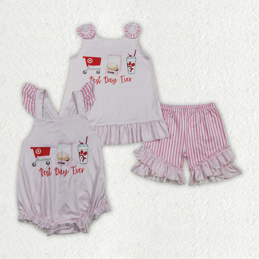 Sibling Baby Girls Pink Stripe Best Day Ever Tunic Ruffle Short Clothes Set Back Bow Rompers
