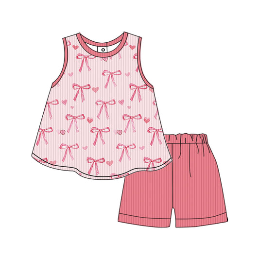 Preorder (moq 5)Baby Girls Red Bows Ribbed Tunic Shorts Clothes Sets
