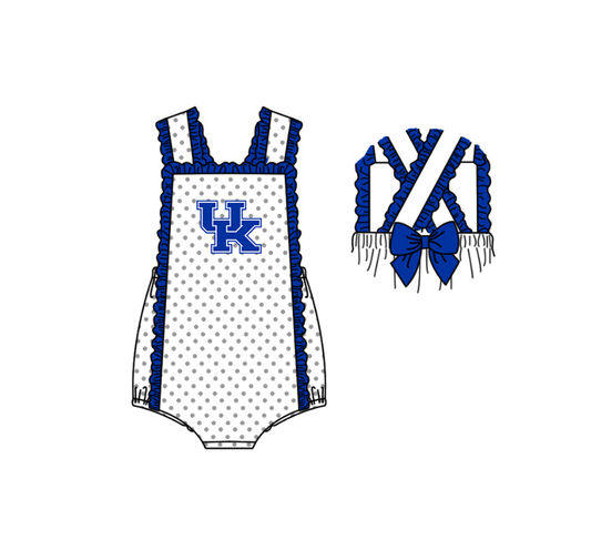 Preorder (moq 5)Baby Girls Strap UK Polka Dots Back Bow Team Ruffle Rompers