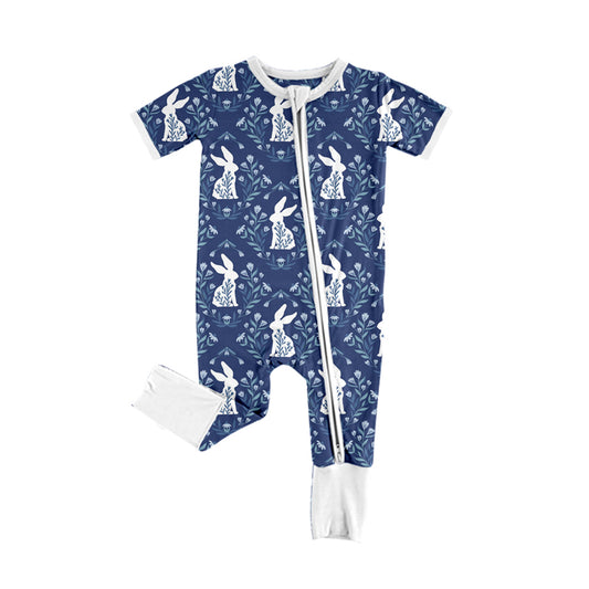 Infant Baby Girls Navy Rabbits Zip Rompers preorder(moq 5)