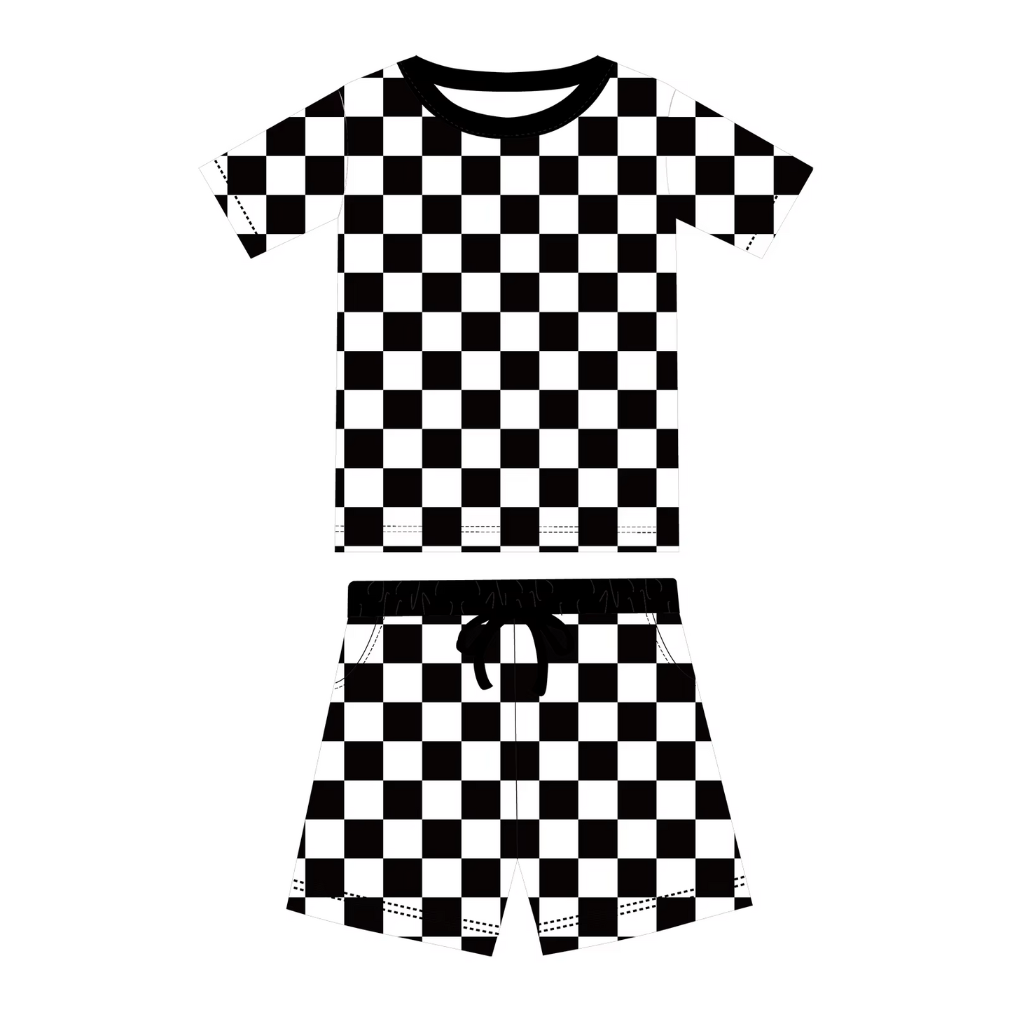 Preorder moq 5 Adult Women Black White Plaid Top Pockets Short Pajamas Set