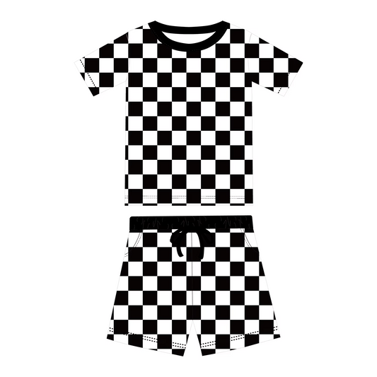 Preorder moq 5 Adult Women Black White Plaid Top Pockets Short Pajamas Set
