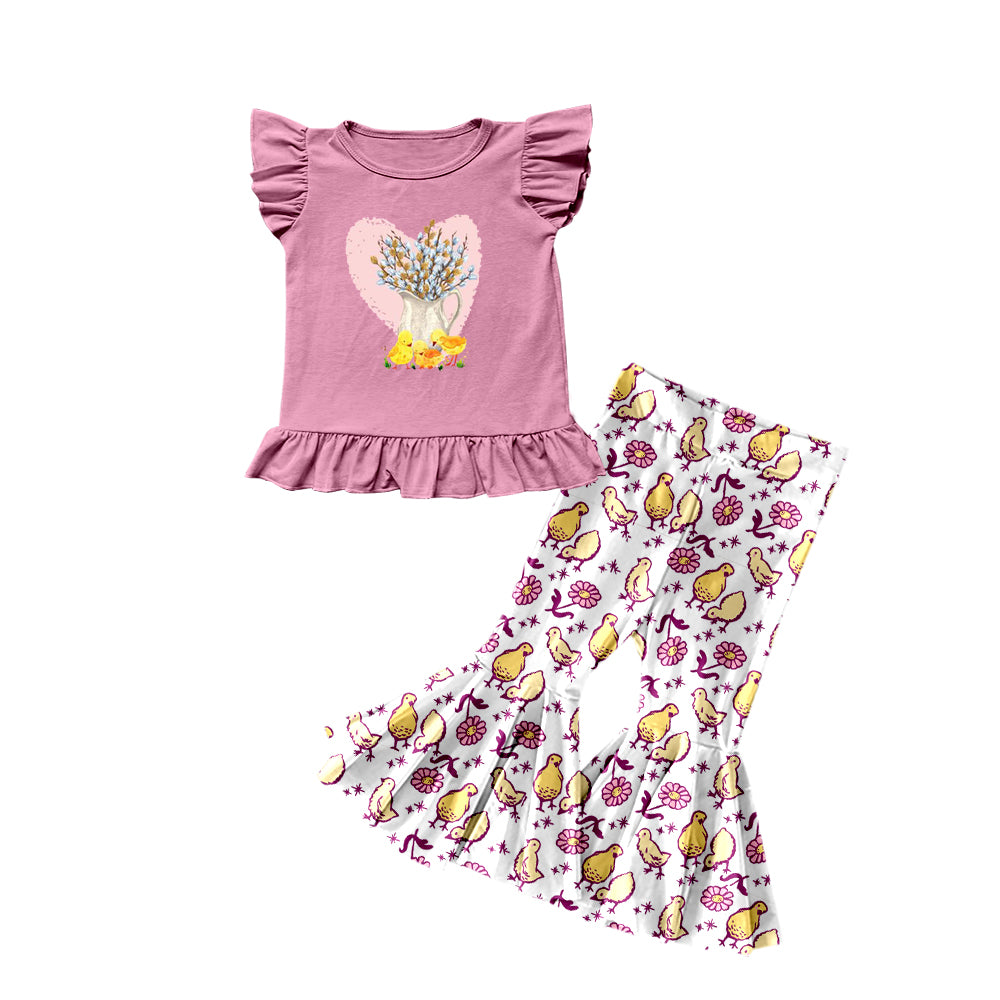 Preorder (moq 5)Baby Girls Easter Chicken Pink Top Bell Pants Clothes Sets