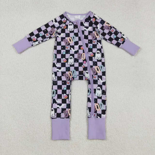 Sibling Baby Girls Black Lavender Checked Ghosts Halloween Pajamas Sets Zipper Footie Rompers