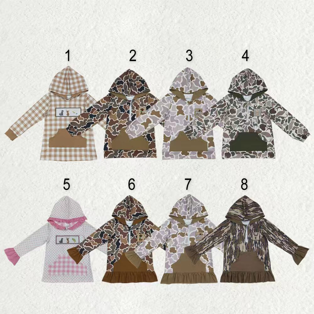 Sibling Baby Kids Camo Embroidery Ducks Dogs Deer Pocket Zip Hunting Hoodies Top
