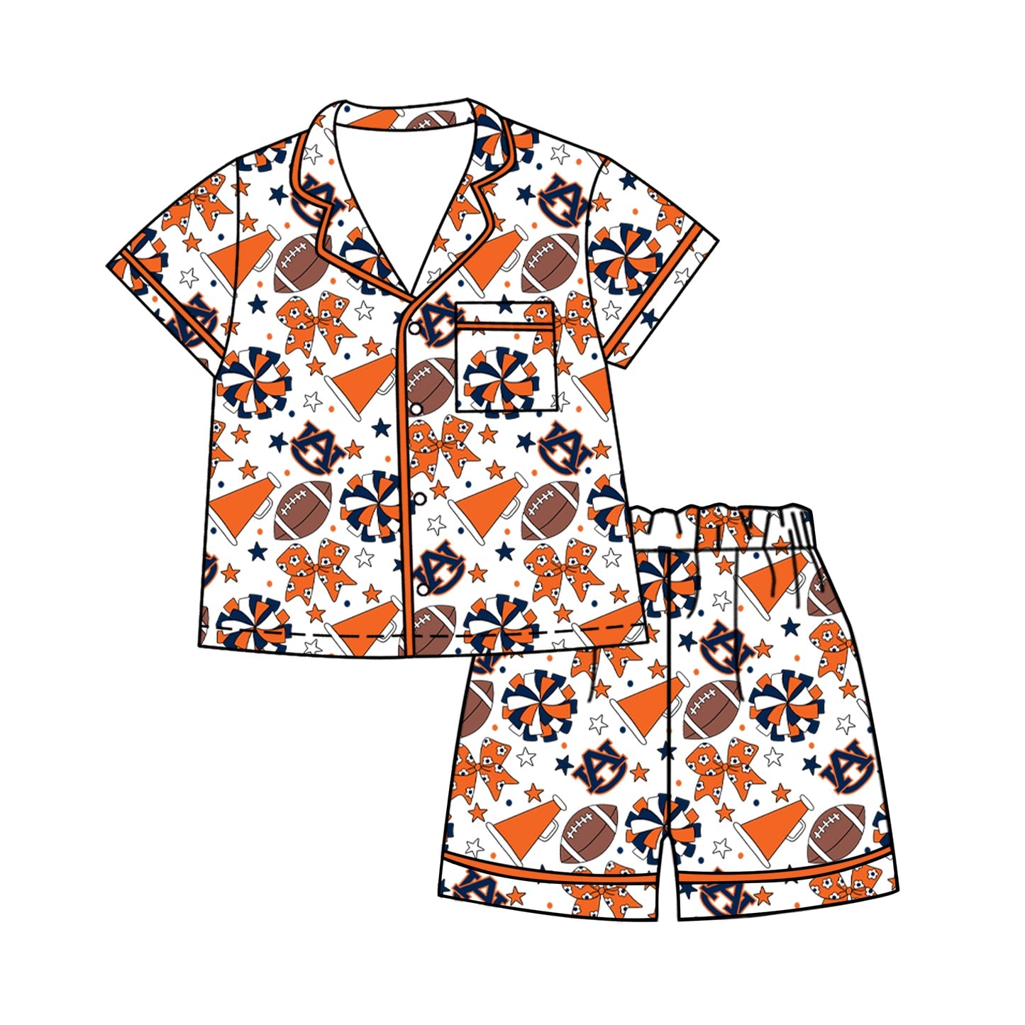 Preorder (moq 5)Baby Girls Footballs Bows Button Pocket Top Short Team Clothes Sets