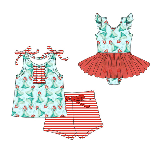 Preorder moq 5 Custom Baby Girls Red Strap Mermaid Starfishes Button Top Stripe Short Set Skort Bummise Romper