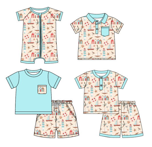 Preorder moq 5 Custom Baby Boys Short Sleeves Boats Beach Top Short Sets Polo Shirts And Rompers