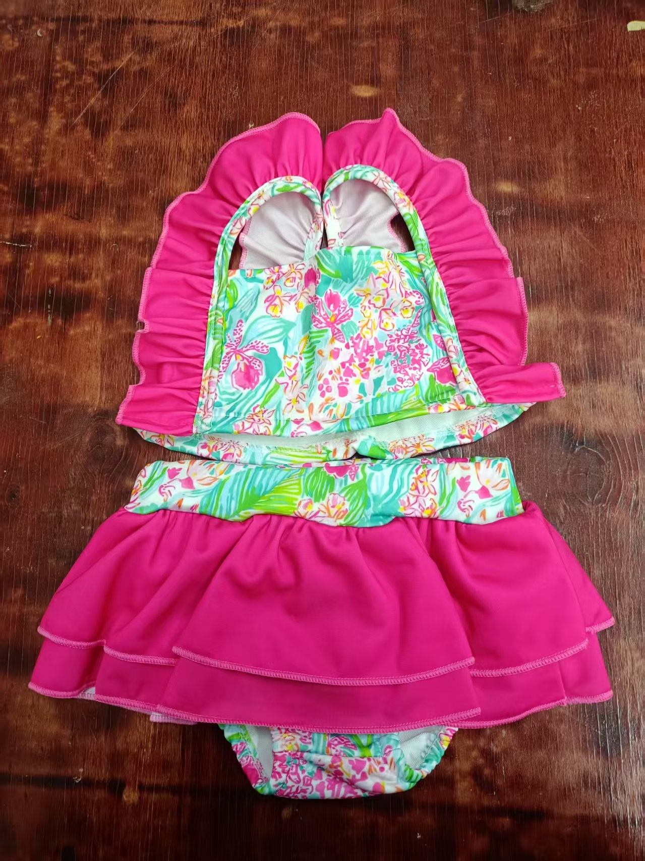 Preorder moq 5 Baby Girls Hot Pink Strap Watercolor Floral 2 Piece Swimsuits