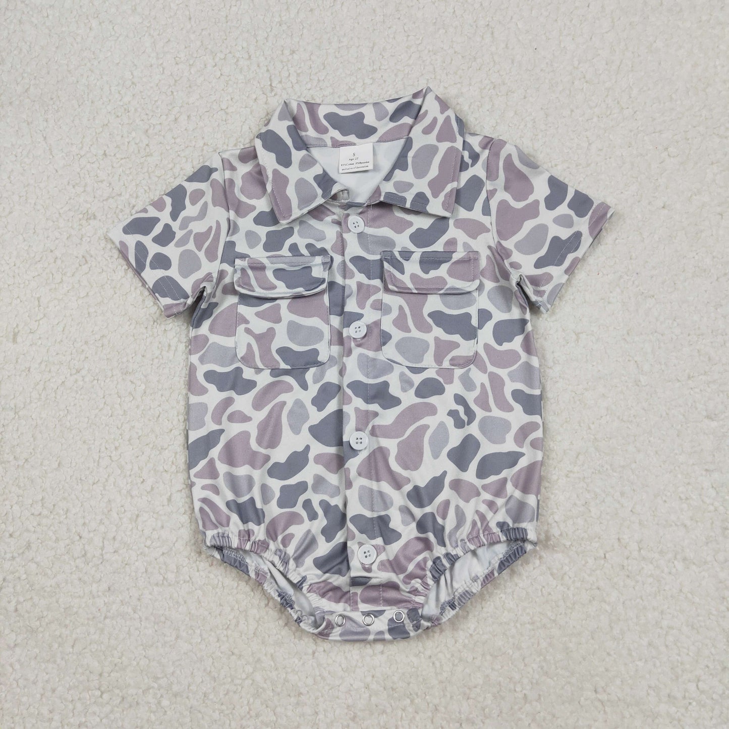 Baby Boys Southern Light Grey Camo Button Pockets Rompers