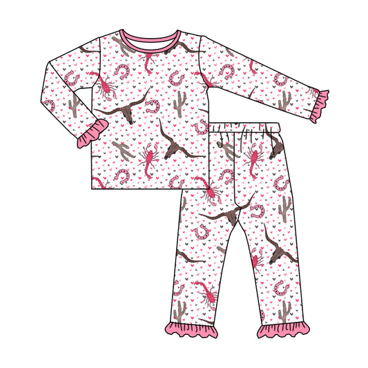 Baby Girls Pink Valentines Hearts Cow Shirt Pants Pajamas Clothing Sets preorder(MOQ 5)