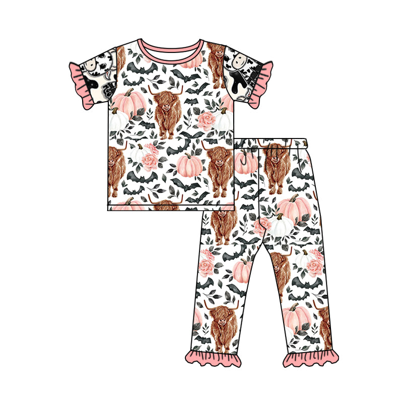 Baby Girls Halloween Cows Pumpkin Tee Top Pants Pajamas Clothes Sets preorder (moq 5)