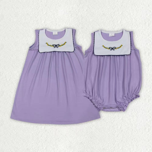 Sibling Baby Girls Mardigras Lavender Embroidery Bows Knee Length Dress Ruffle Rompers
