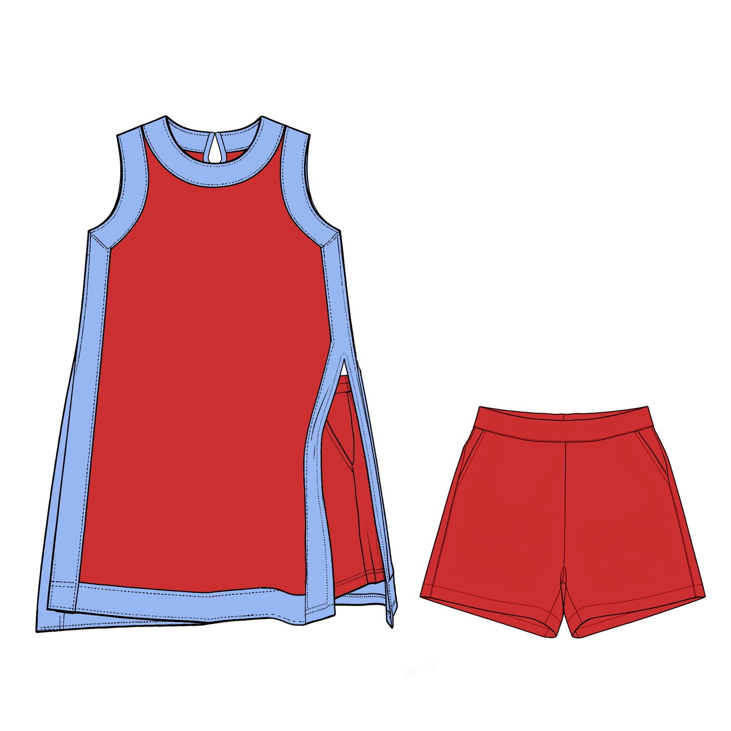 Preorder (moq 5)Baby Girls Sleeveless Blue Red Split Skirt Pockets Short Clothes Sets