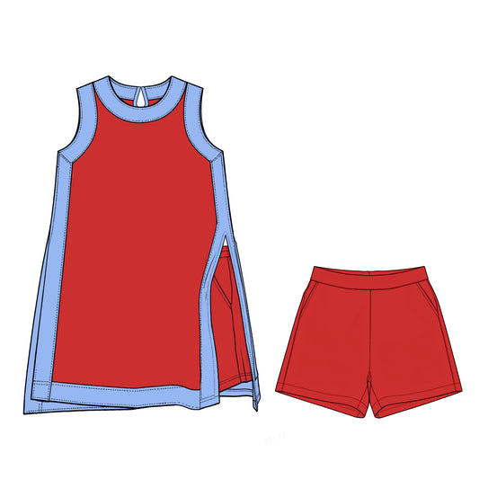 Preorder (moq 5)Adult Women Sleeveless Blue Red Split Skirt Pockets Short Clothes Sets