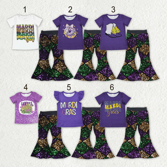 Sibling Baby Girls Mardigras Top Sequin Checked Bell Bottom Pants Clothes Sets