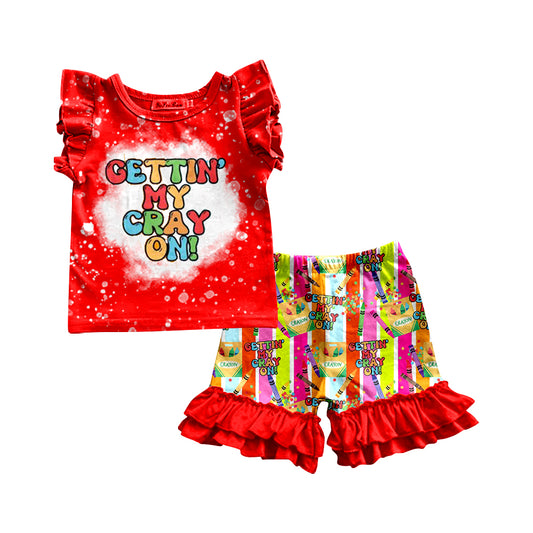 Baby Girls Back To School Crayon Red Shirt Shorts Clothes Sets preorder(moq 5)