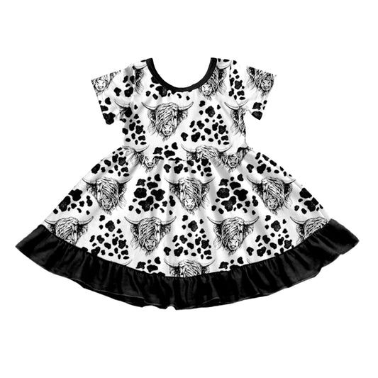 Baby Girls Western Black Highland Cow Knee Length Short Sleeve Dresses preorder(moq 5)