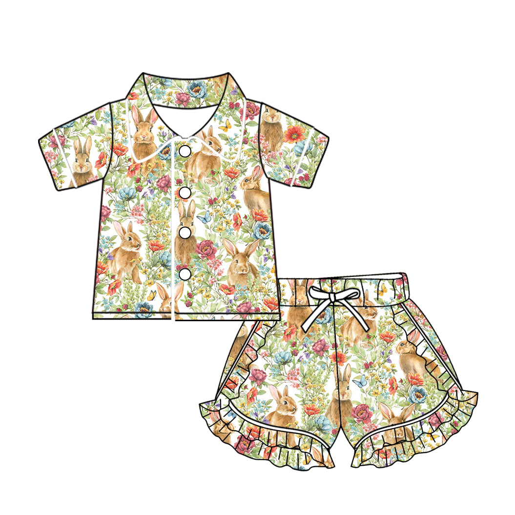 Baby Girls Easter Real Flowers Rabbits Buttons Top Ruffle Shorts Pajamas Sets preorder(MOQ 5)