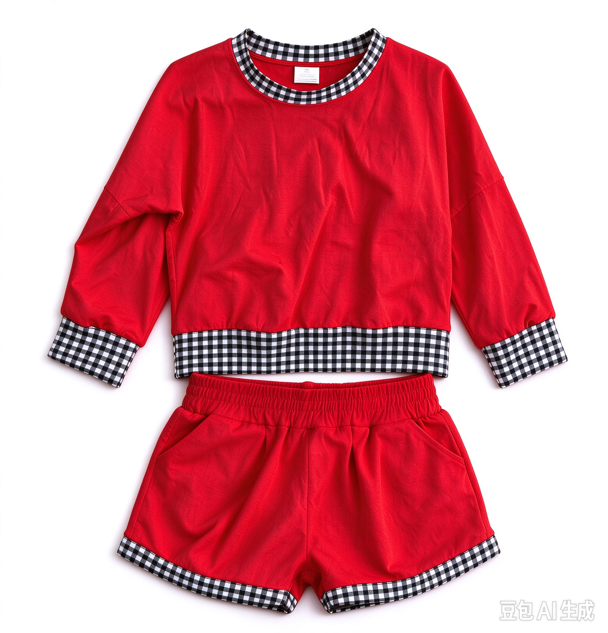 Preorder (moq 5) Baby Girl Clothes Red Solid Top Black Gingham Trim Long Sleeve Cropped Top Shorts Outfit Set